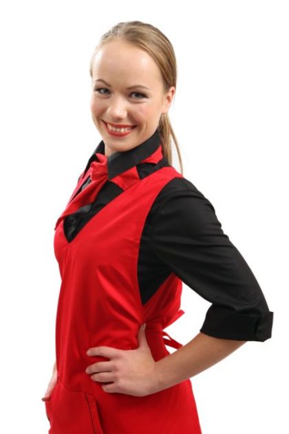 Abpusējais uzsvārcis ar V veida izgriezumu un dekoratīvo iemalojumu, sarkans